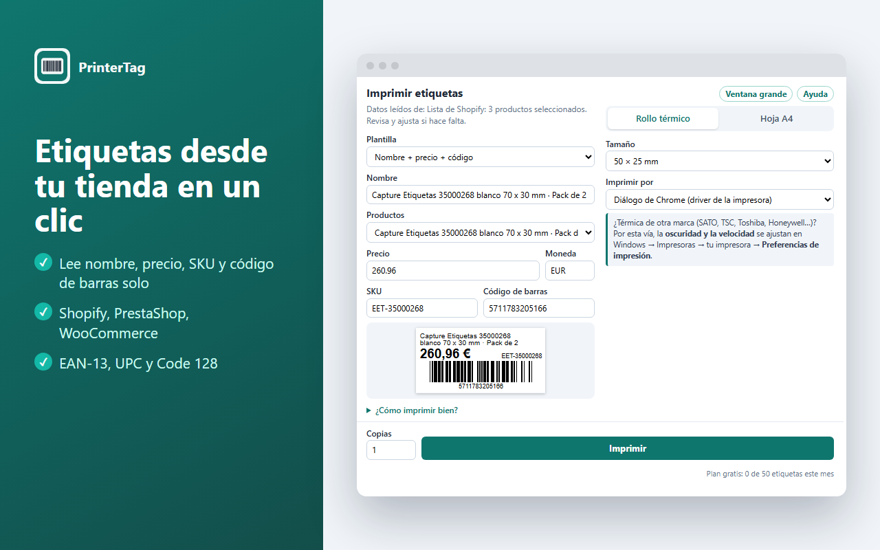 PrinterTag leyendo un producto de Shopify y mostrando la vista previa de una etiqueta con precio y código de barras