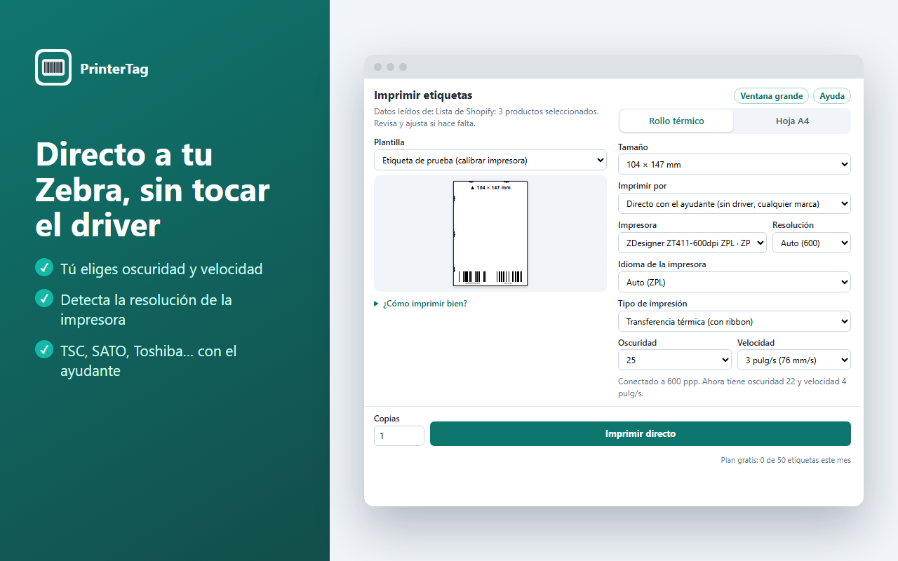Impresión directa con oscuridad y velocidad