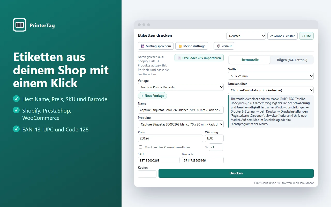 PrinterTag liest ein Shopify-Produkt und zeigt die Vorschau eines Preis- und Barcode-Etiketts