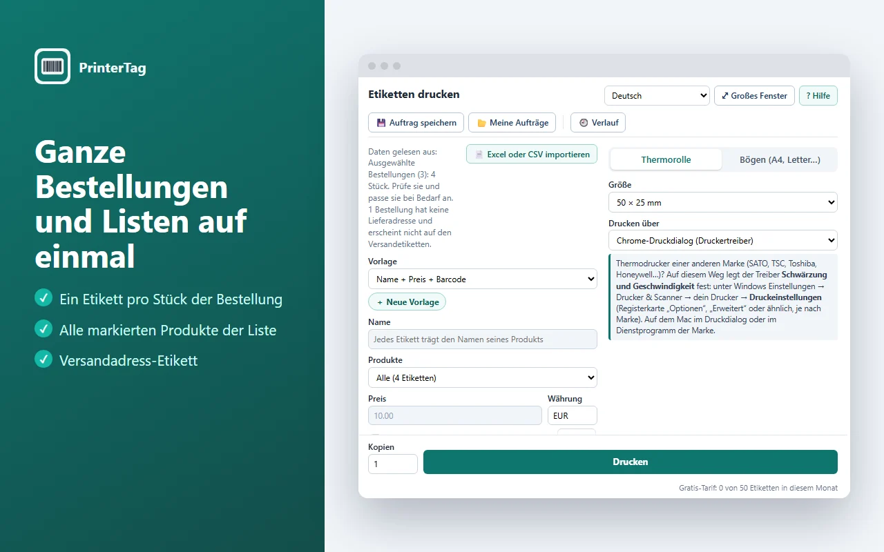 Ein Etikett pro Stück einer Shopify-Bestellung drucken
