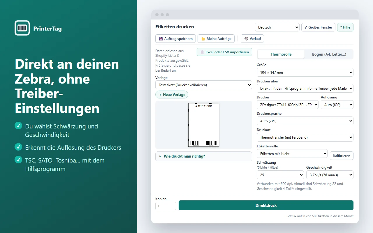 Direktdruck auf einem Zebra mit Schwärzung und Geschwindigkeit