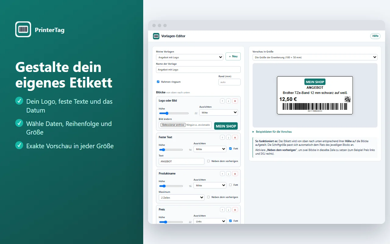 PrinterTag-Vorlagen-Editor mit Logo, festem Text sowie Blöcken für Name, Preis, QR und Barcode und der Etikettenvorschau