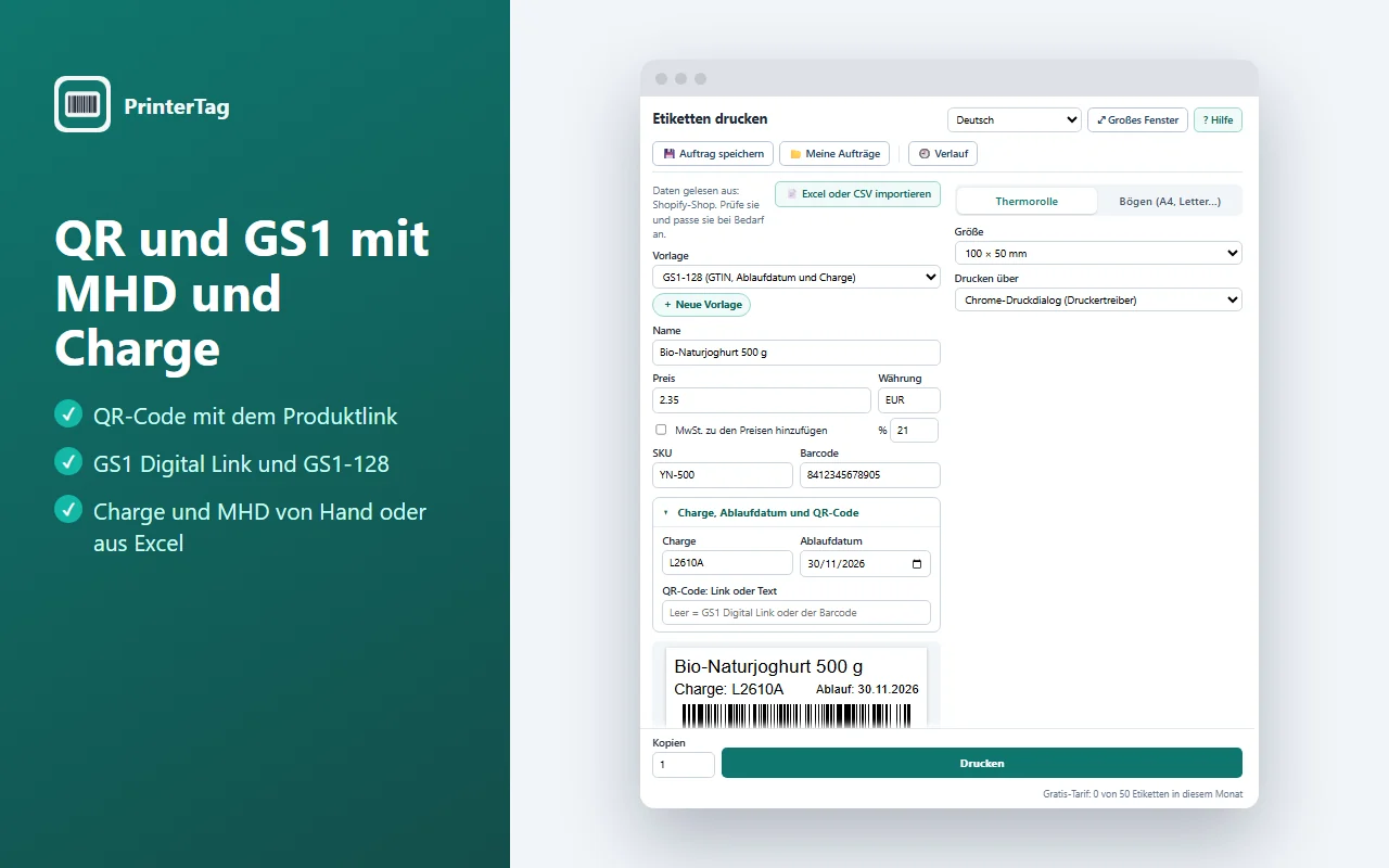 PrinterTag mit der GS1-128-Vorlage: Name, Charge, Ablaufdatum und ein GS1-128-Barcode