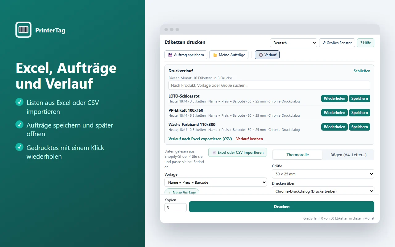 PrinterTag-Druckverlauf mit den Schaltflächen Wiederholen und Speichern, Suche und Excel-Export