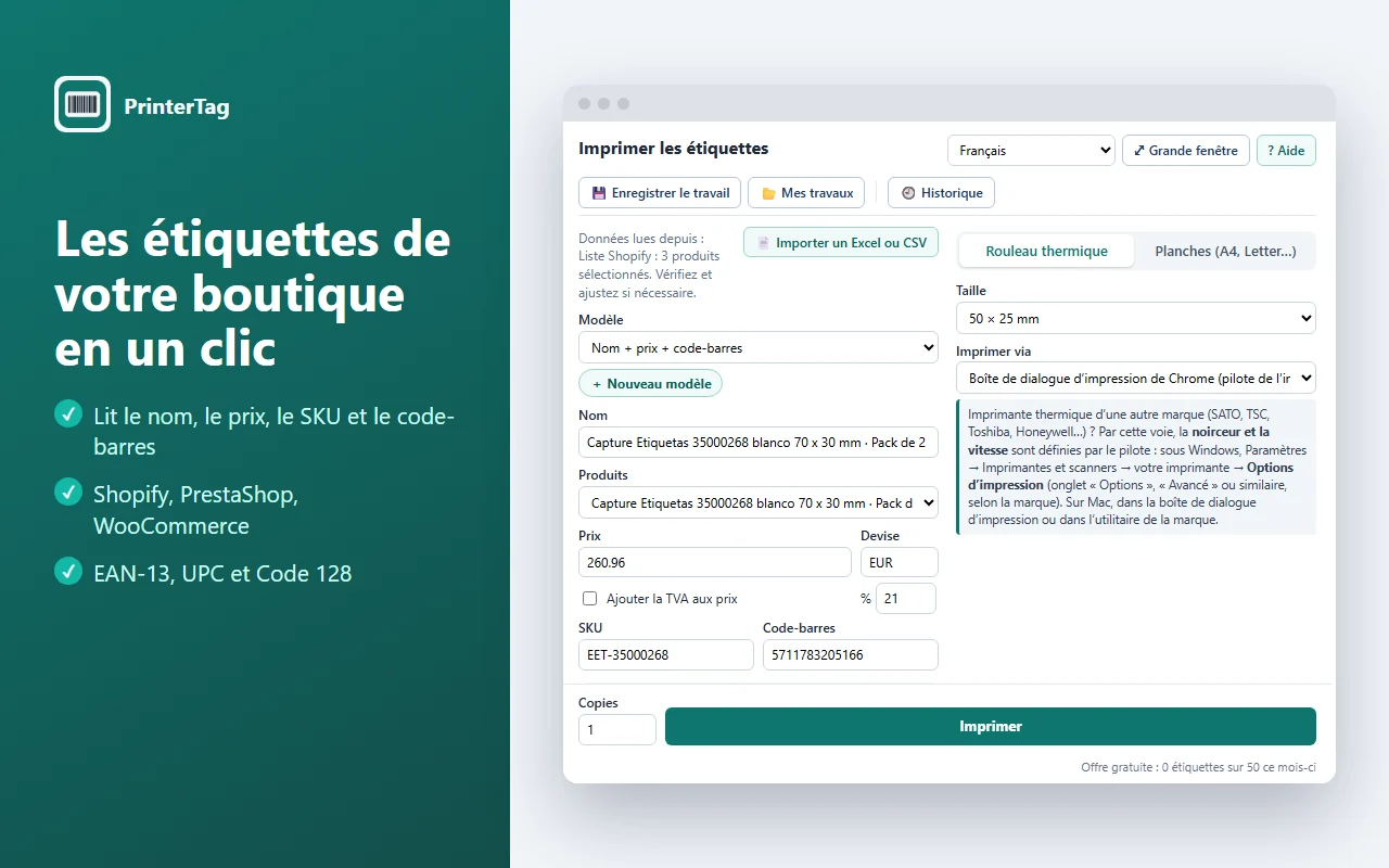 PrinterTag lisant un produit Shopify et affichant l’aperçu d’une étiquette avec prix et code-barres