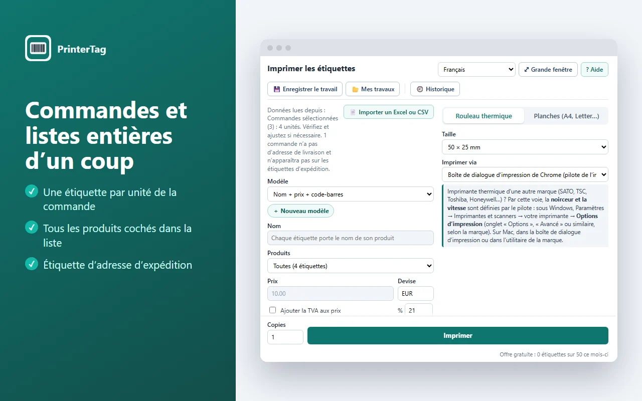 Impression d’une étiquette par unité d’une commande Shopify