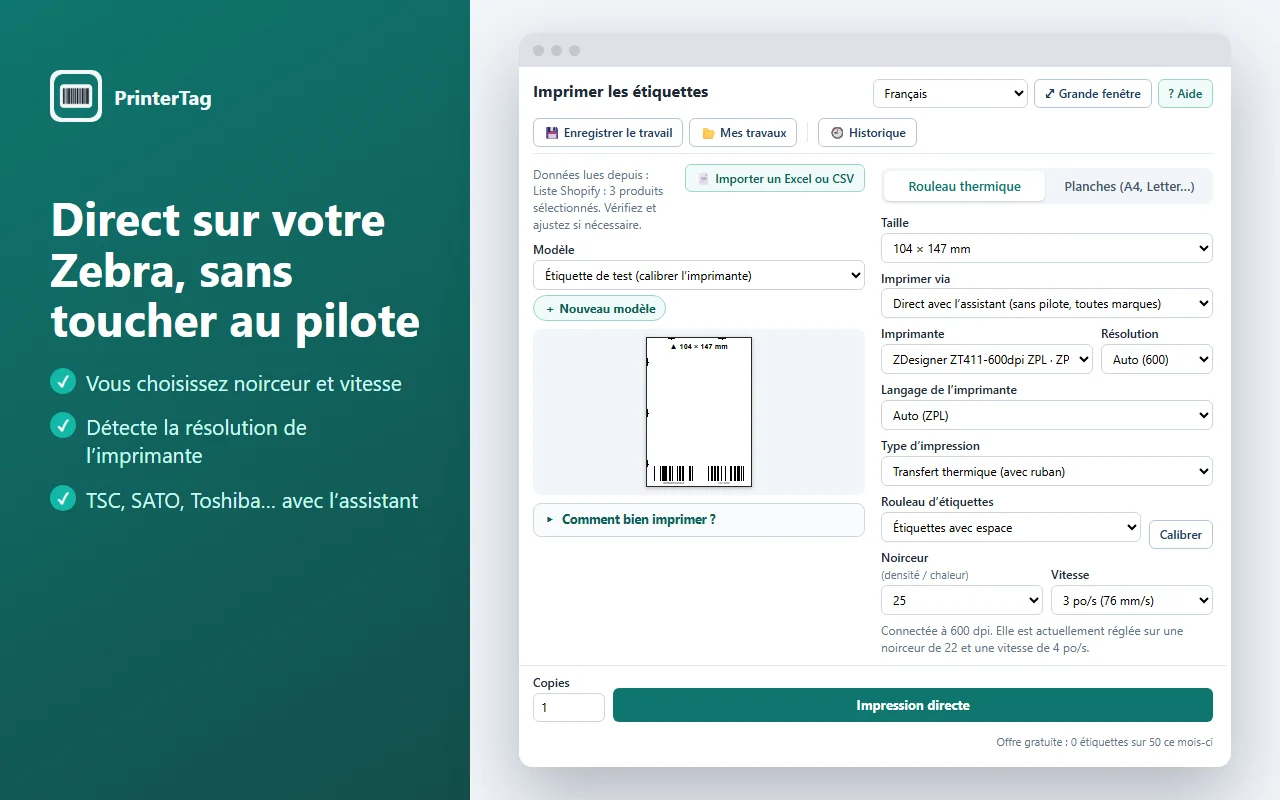 Impression directe sur une Zebra avec noirceur et vitesse