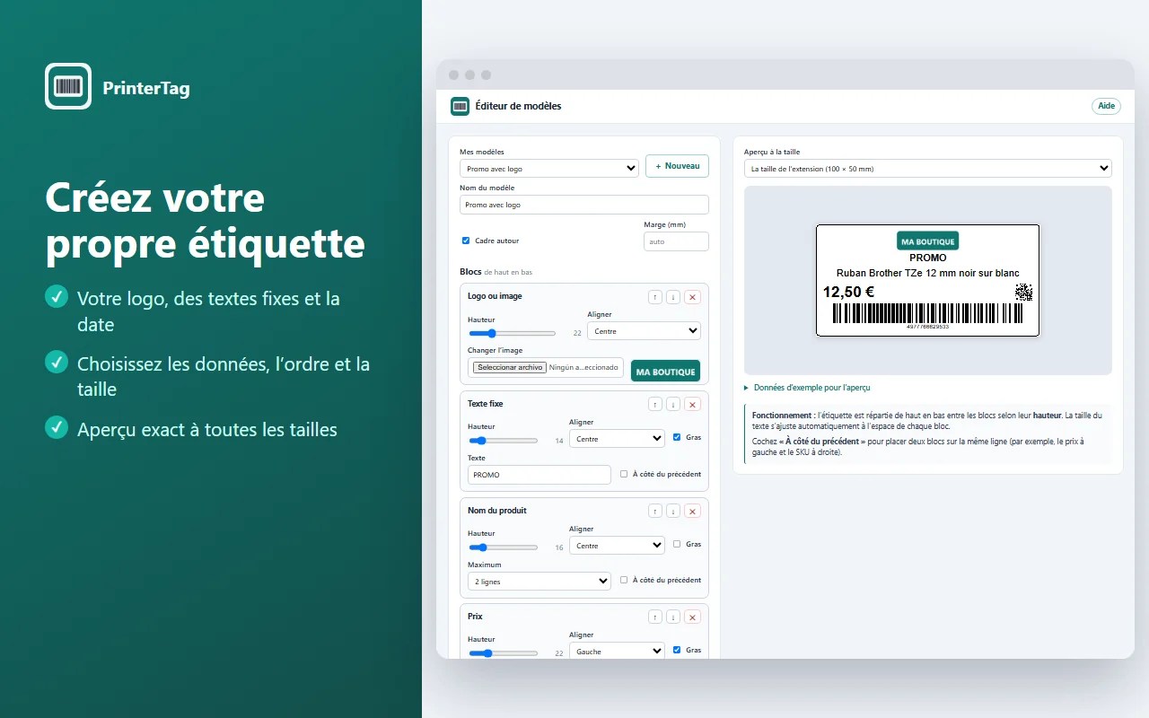 Éditeur de modèles PrinterTag avec blocs de logo, texte fixe, nom, prix, QR et code-barres, et l’aperçu de l’étiquette