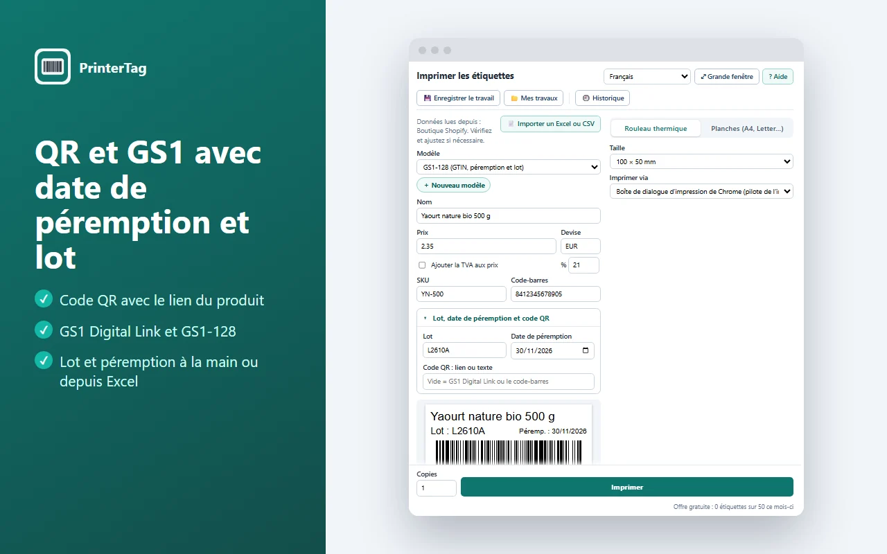 PrinterTag avec le modèle GS1-128 : nom, lot, péremption et un code-barres GS1-128