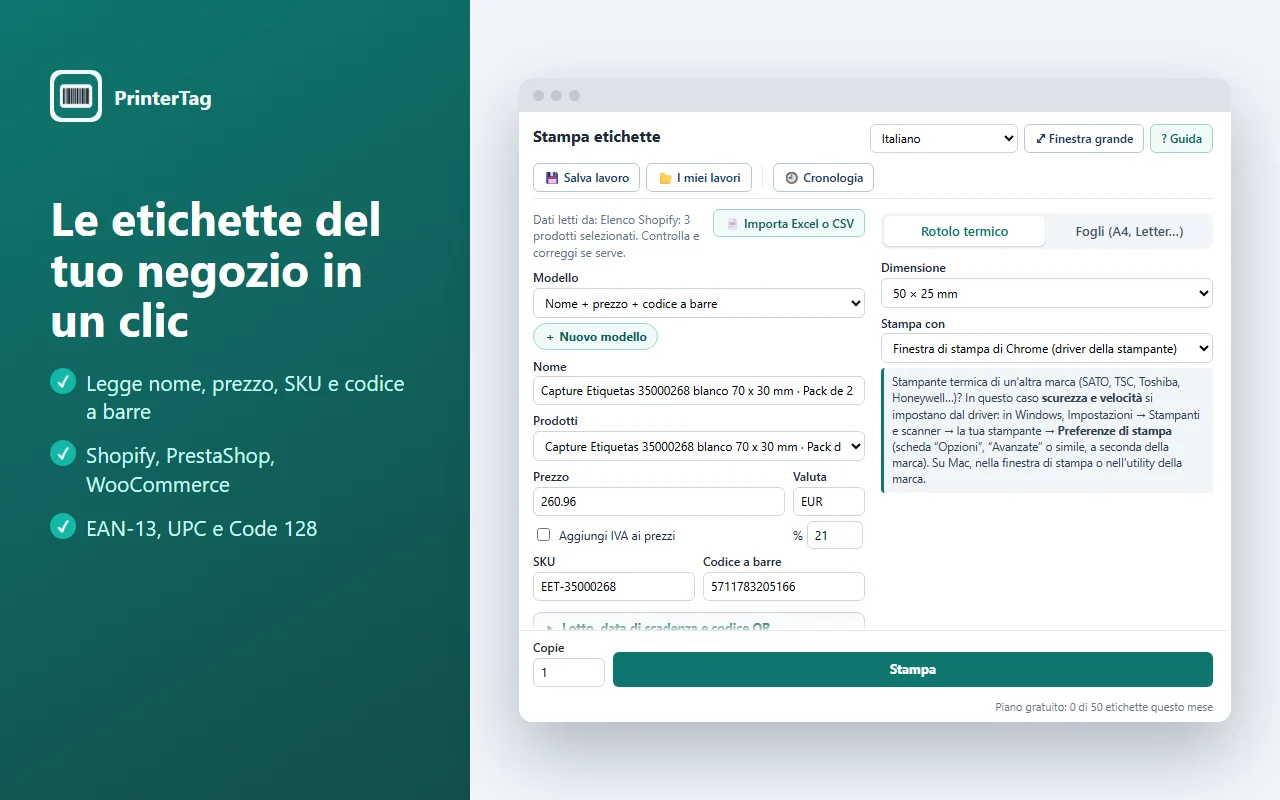 PrinterTag che legge un prodotto Shopify e mostra l’anteprima di un’etichetta con prezzo e codice a barre