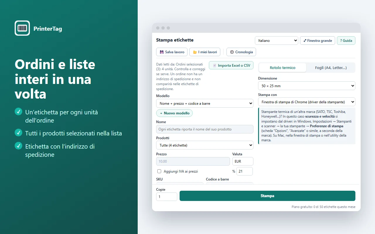 Stampa di un’etichetta per ogni unità di un ordine Shopify