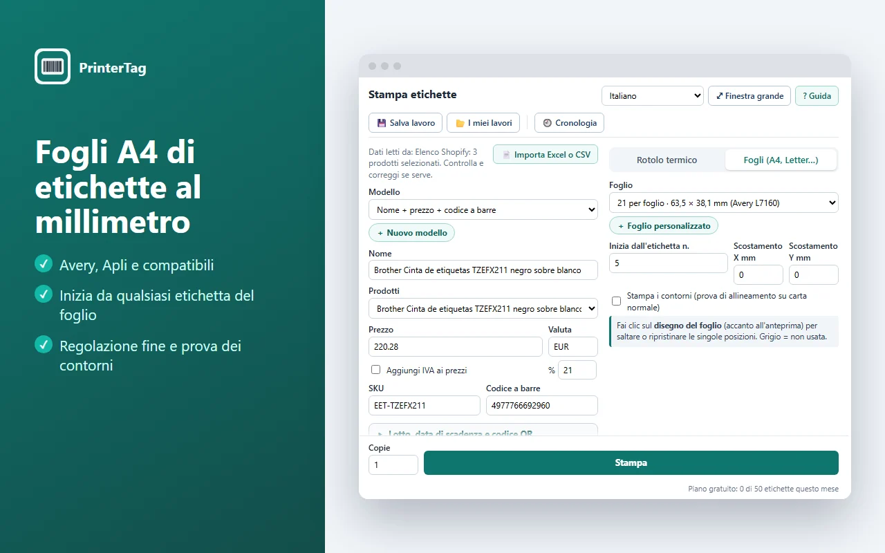 Modalità foglio di etichette a partire dall’etichetta 5