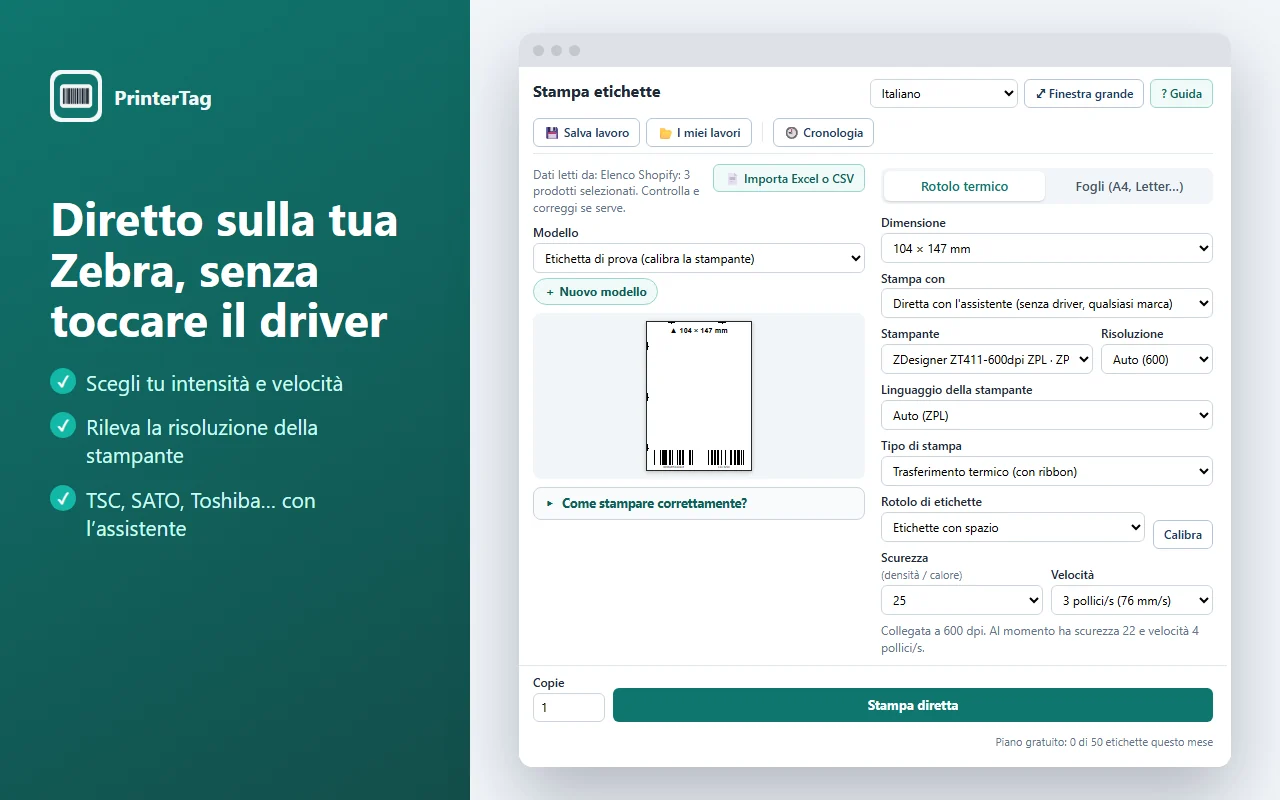 Stampa diretta su una Zebra con scurezza e velocità