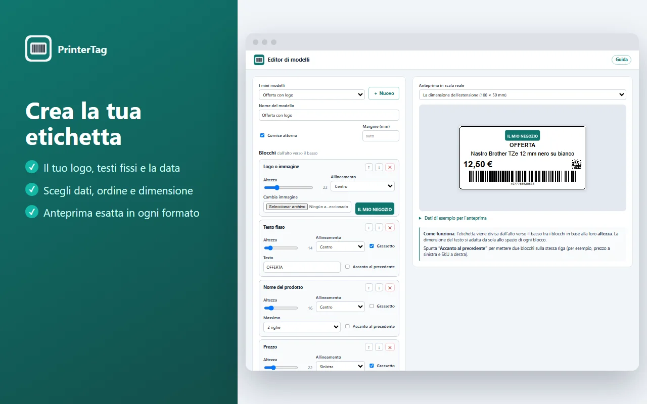 Editor di modelli di PrinterTag con blocchi di logo, testo fisso, nome, prezzo, QR e codice a barre, e l’anteprima dell’etichetta