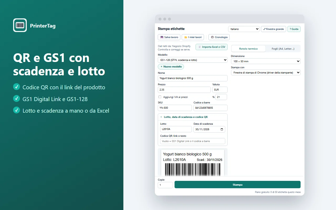 PrinterTag con il modello GS1-128: nome, lotto, scadenza e un codice a barre GS1-128