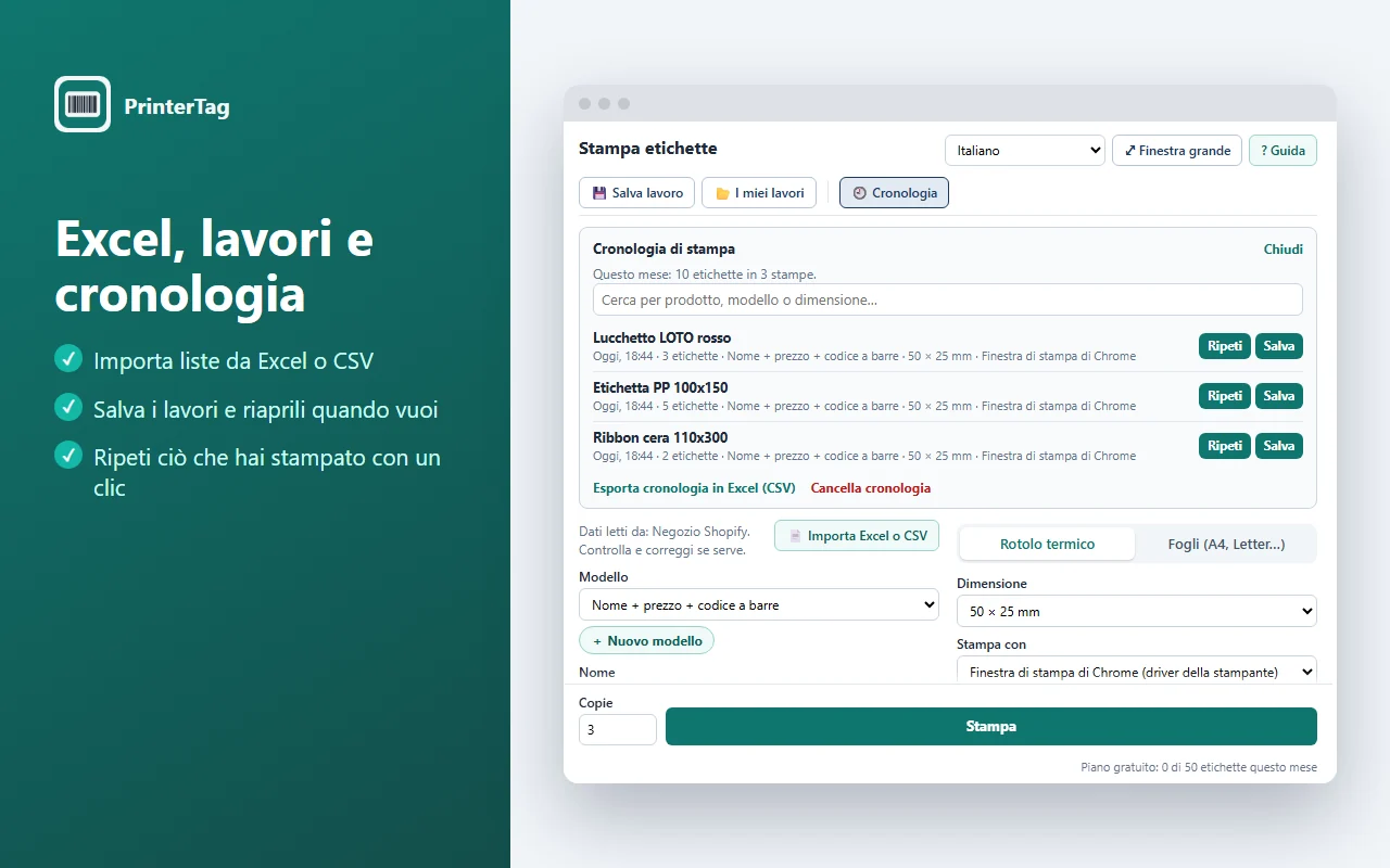 Cronologia di stampa di PrinterTag con i pulsanti Ripeti e Salva, ricerca ed esportazione in Excel