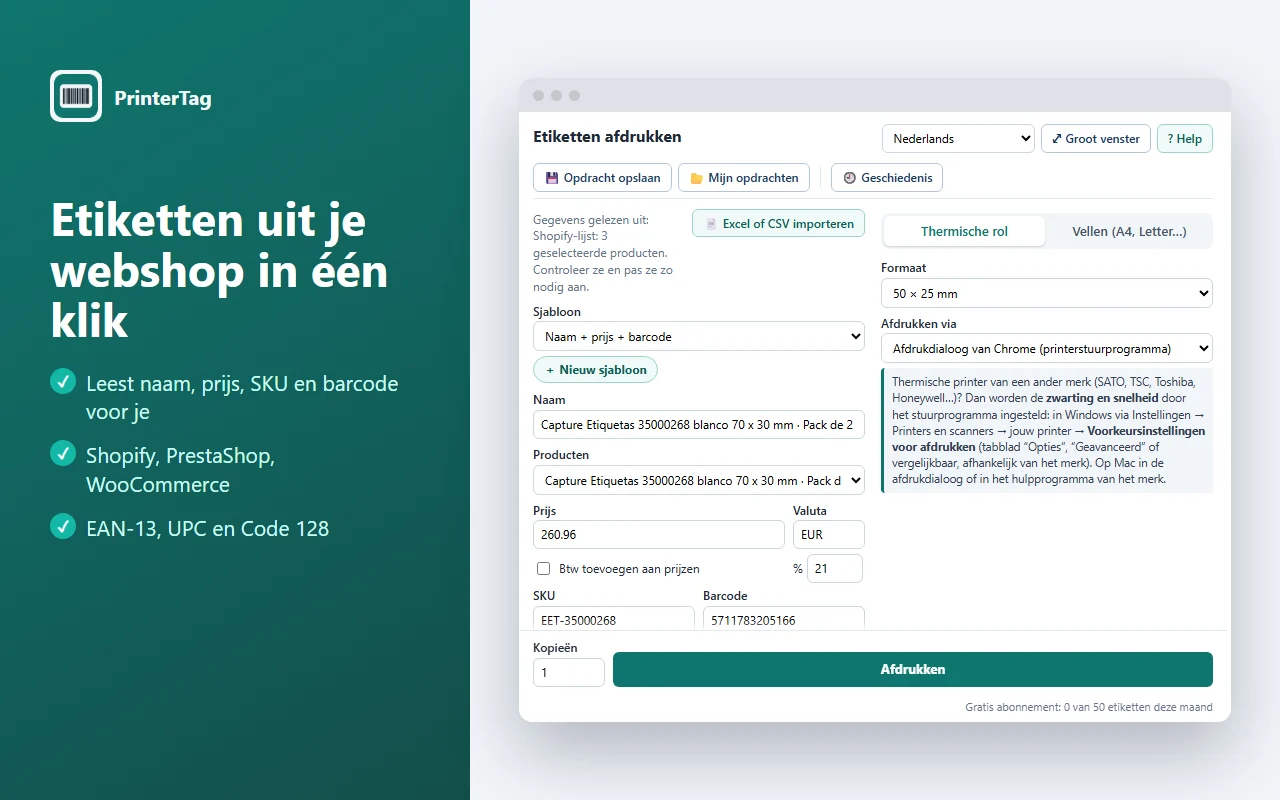 PrinterTag leest een Shopify-product en toont de preview van een prijs- en barcode-etiket