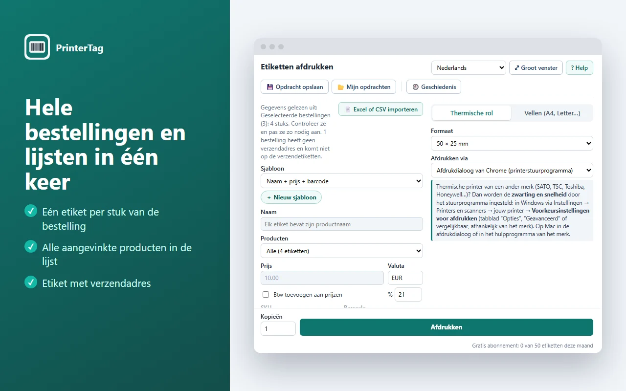 Eén etiket per stuk van een Shopify-bestelling afdrukken