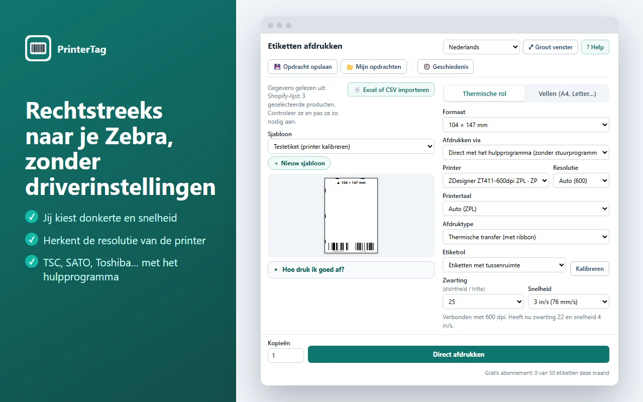 Direct afdrukken op een Zebra met zwarting en snelheid