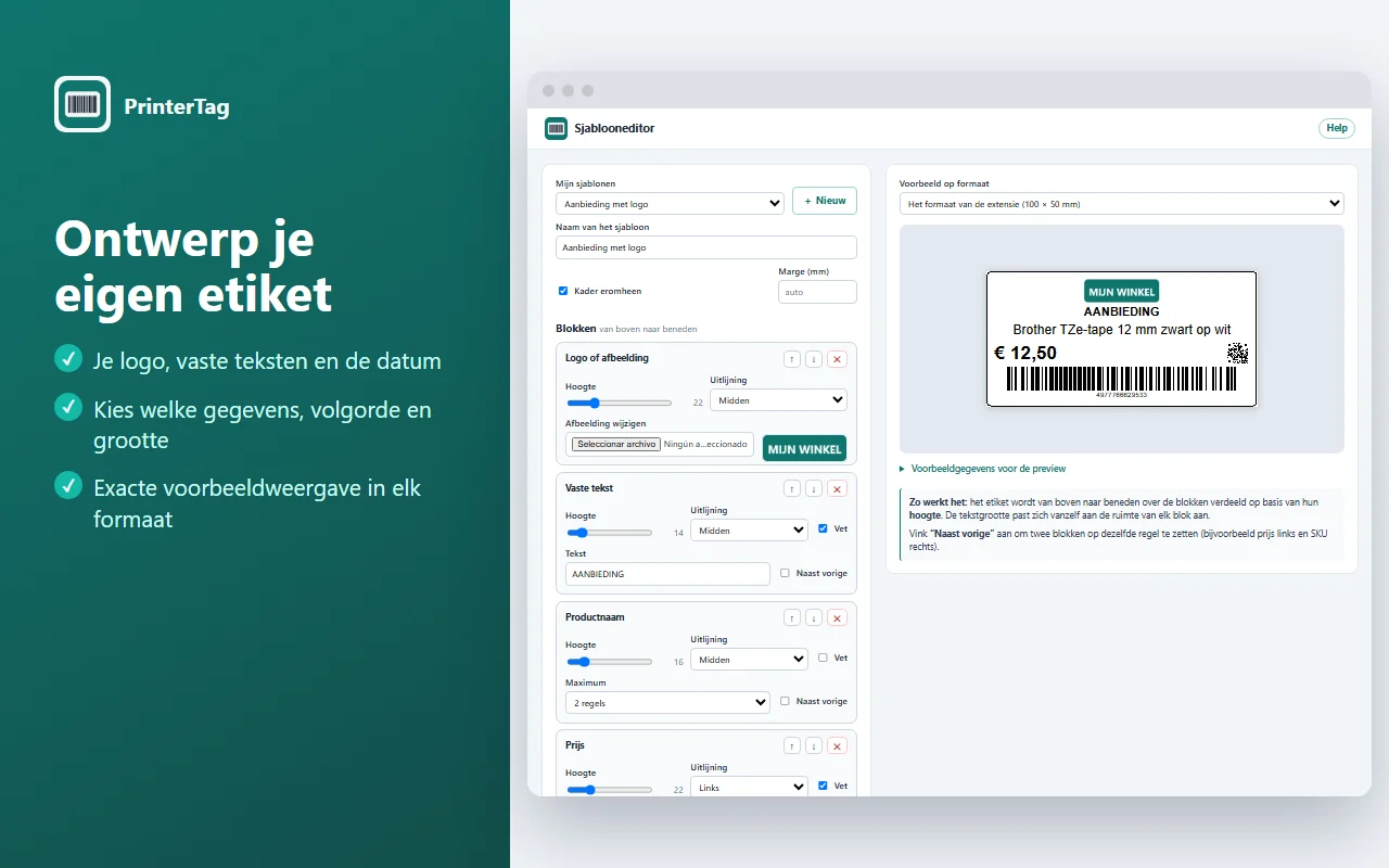 Sjablooneditor van PrinterTag met logo, vaste tekst, blokken voor naam, prijs, QR en barcode, en de etiketpreview