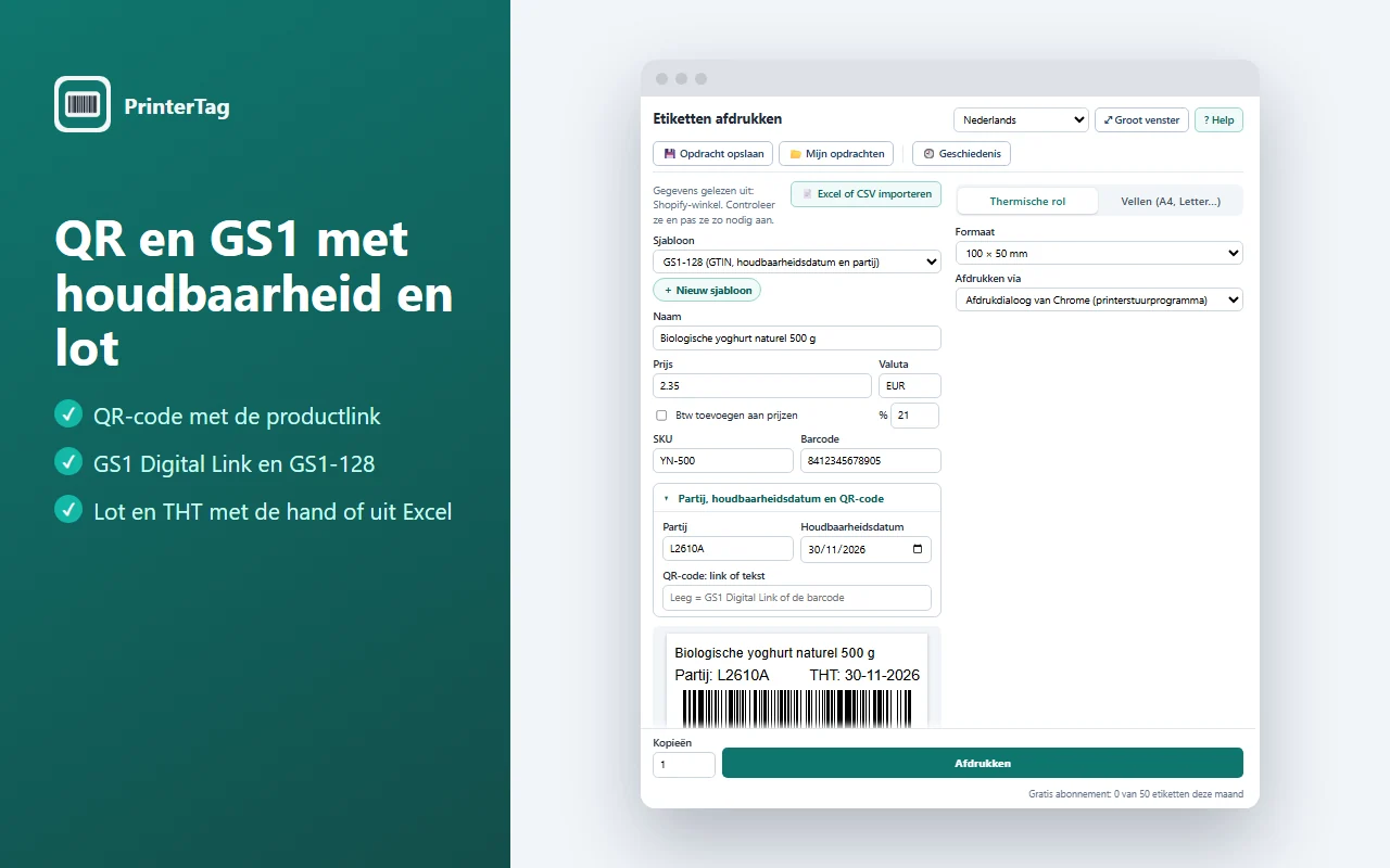 PrinterTag met het GS1-128-sjabloon: naam, partij, houdbaarheidsdatum en een GS1-128-barcode