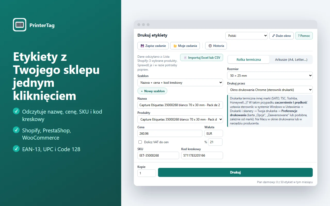 PrinterTag odczytuje produkt ze Shopify i pokazuje podgląd etykiety z ceną i kodem kreskowym