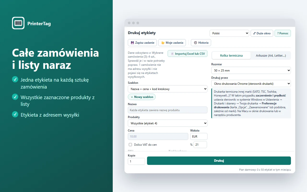 Drukowanie jednej etykiety na każdą sztukę zamówienia ze Shopify