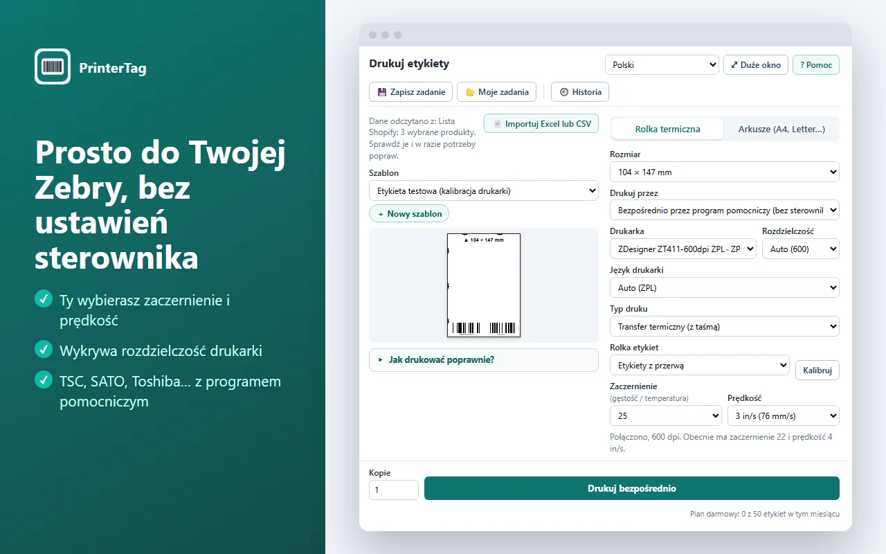 Druk bezpośrednio na Zebrze z ustawieniem zaczernienia i prędkości