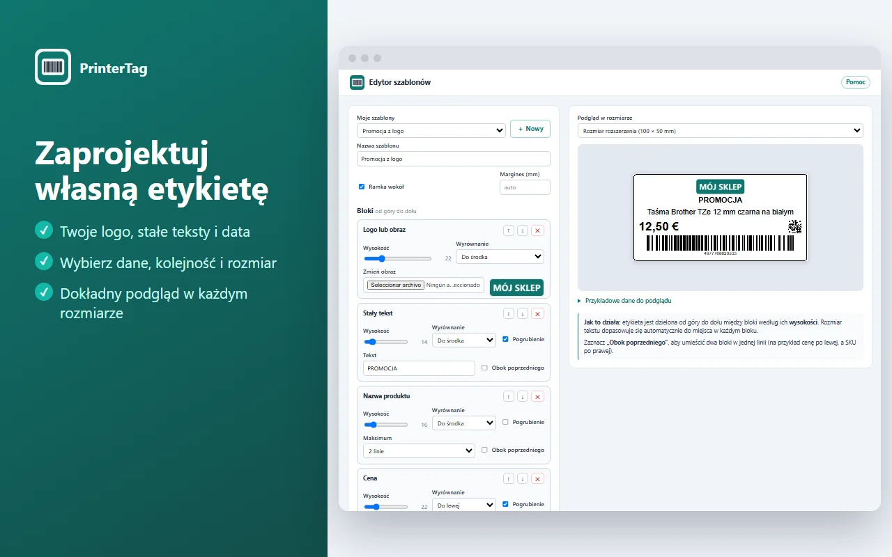 Edytor szablonów PrinterTag z blokami logo, stałego tekstu, nazwy, ceny, kodu QR i kodu kreskowego oraz podglądem etykiety