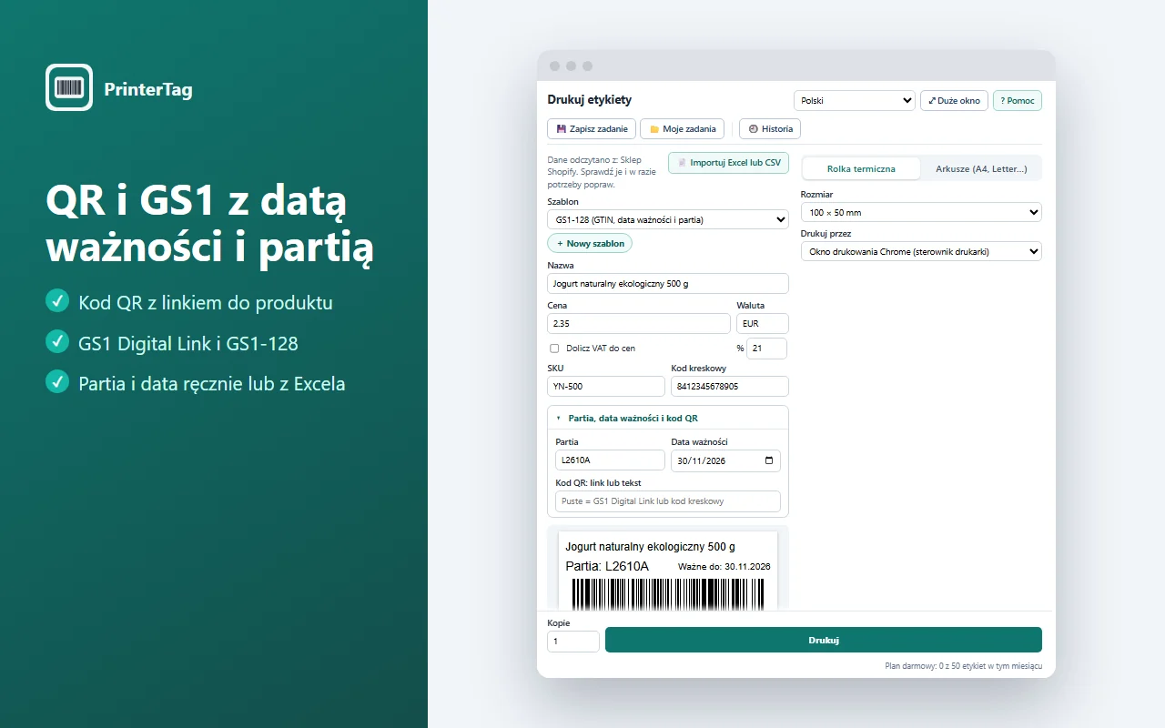 PrinterTag z szablonem GS1-128: nazwa, partia, data ważności i kod kreskowy GS1-128