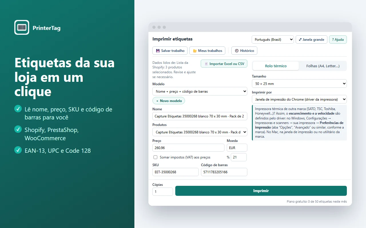 PrinterTag lendo um produto do Shopify e mostrando a prévia de uma etiqueta com preço e código de barras