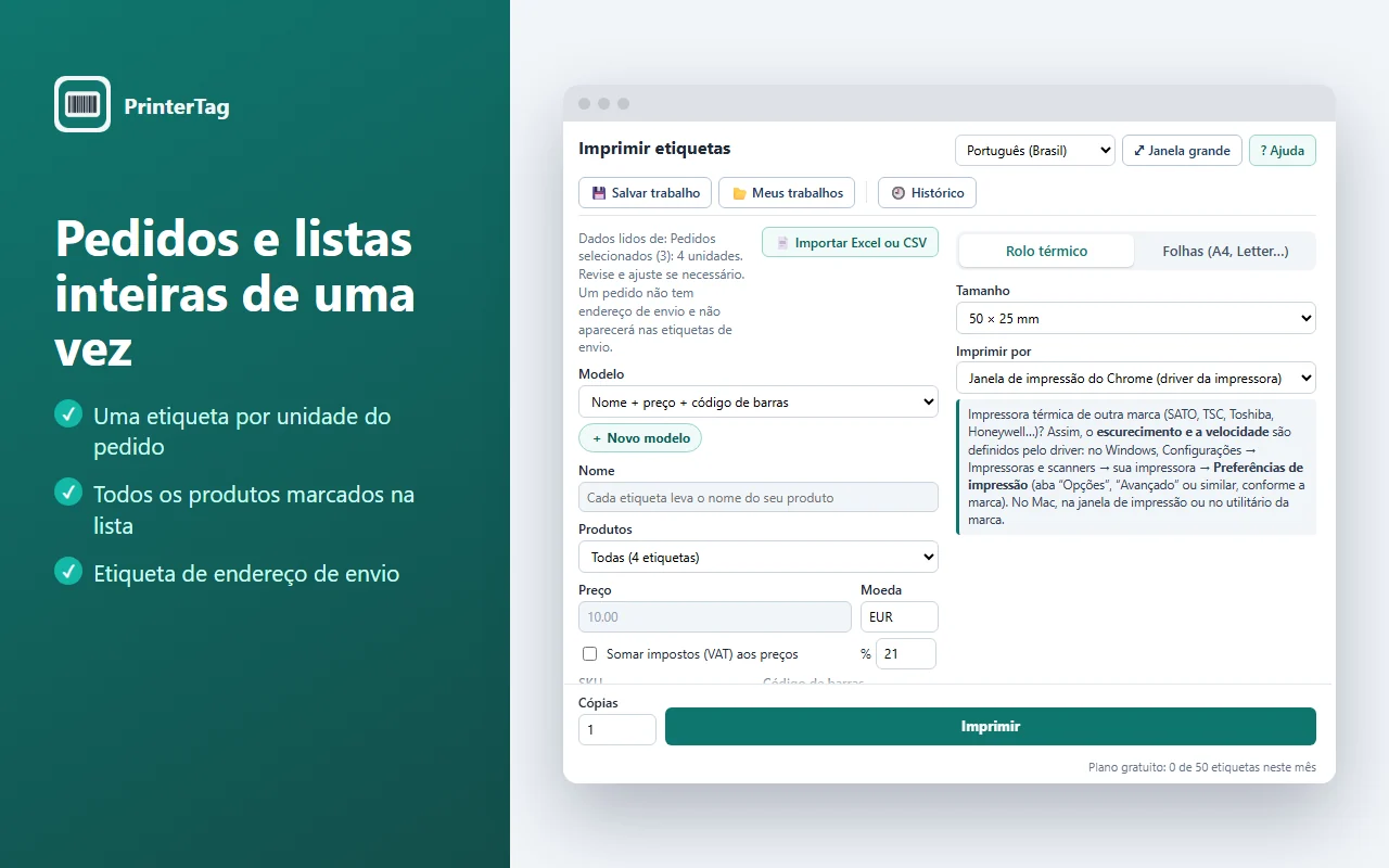 Impressão de uma etiqueta por unidade de um pedido do Shopify