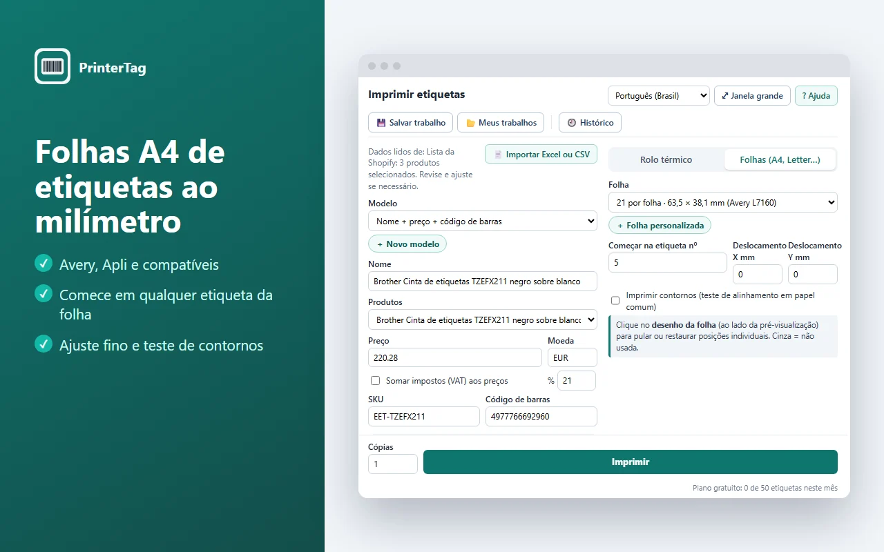 Modo folha de etiquetas começando na etiqueta 5