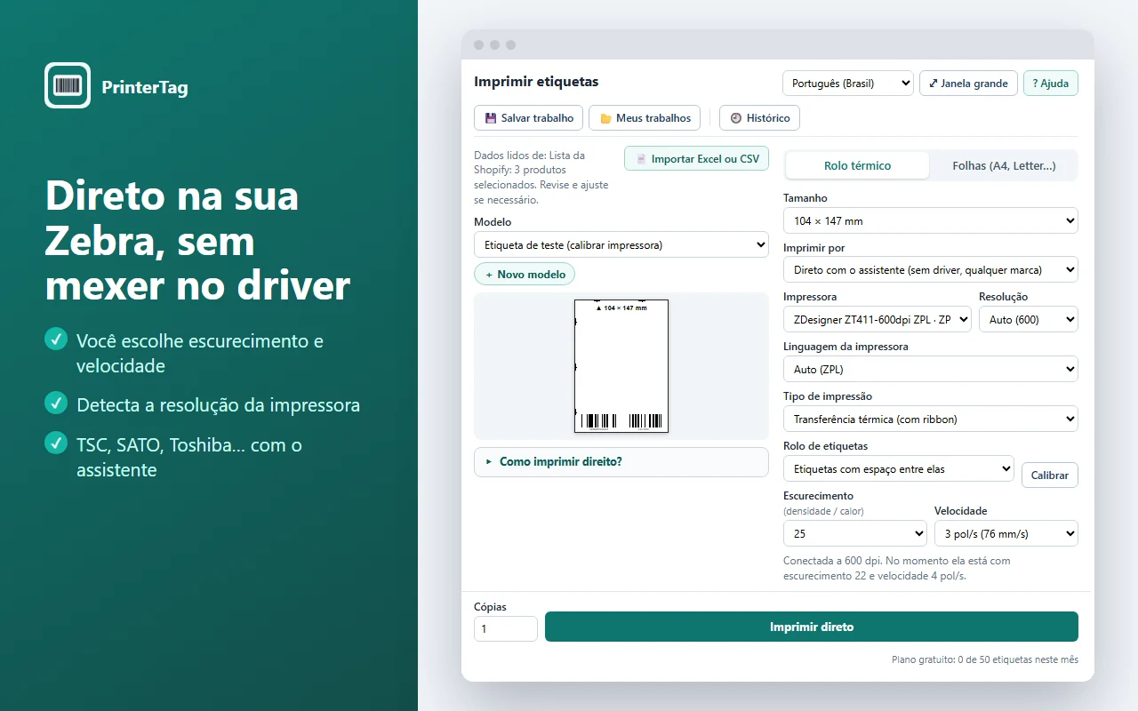 Impressão direta em uma Zebra com escurecimento e velocidade