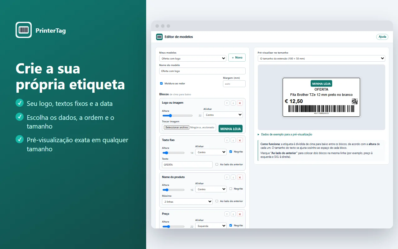 Editor de modelos do PrinterTag com blocos de logo, texto fixo, nome, preço, QR e código de barras, e a prévia da etiqueta