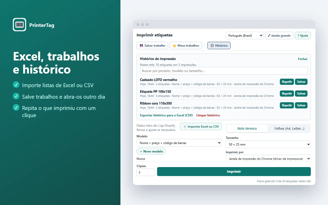 Histórico de impressão do PrinterTag com os botões Repetir e Salvar, busca e exportação para Excel
